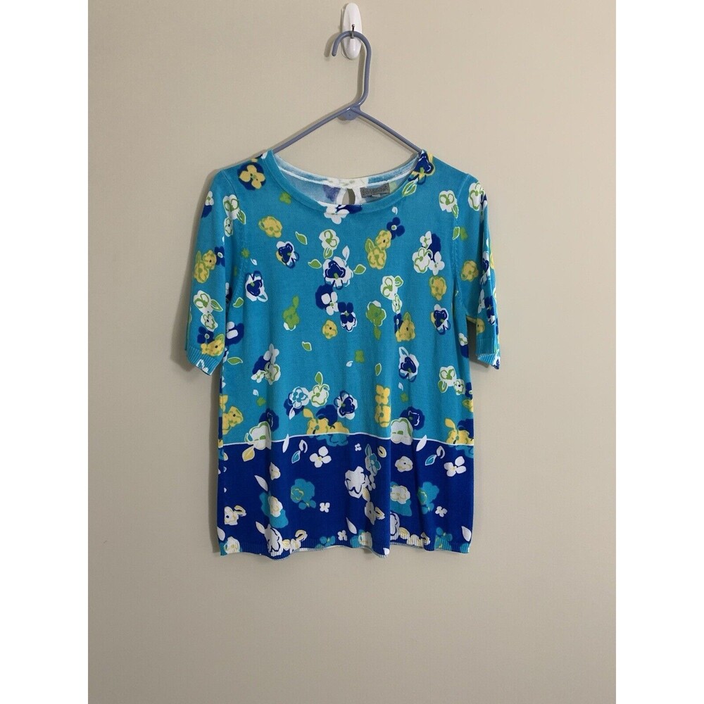 Joseph A Short Sleeve Sweater Knit Women's Medium Blue Floral Crew Neck Size Med